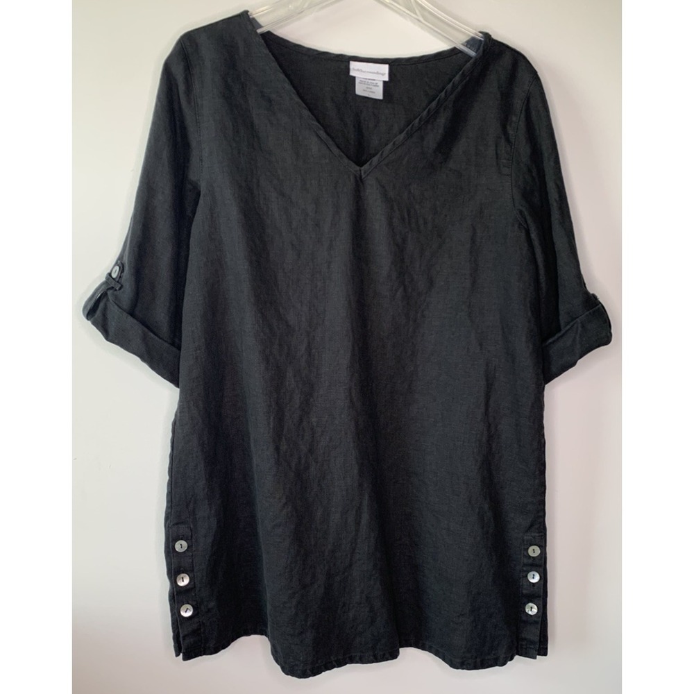 Soft Surroundings Black 100% Linen Tunic Top Roll Tab Sleeves